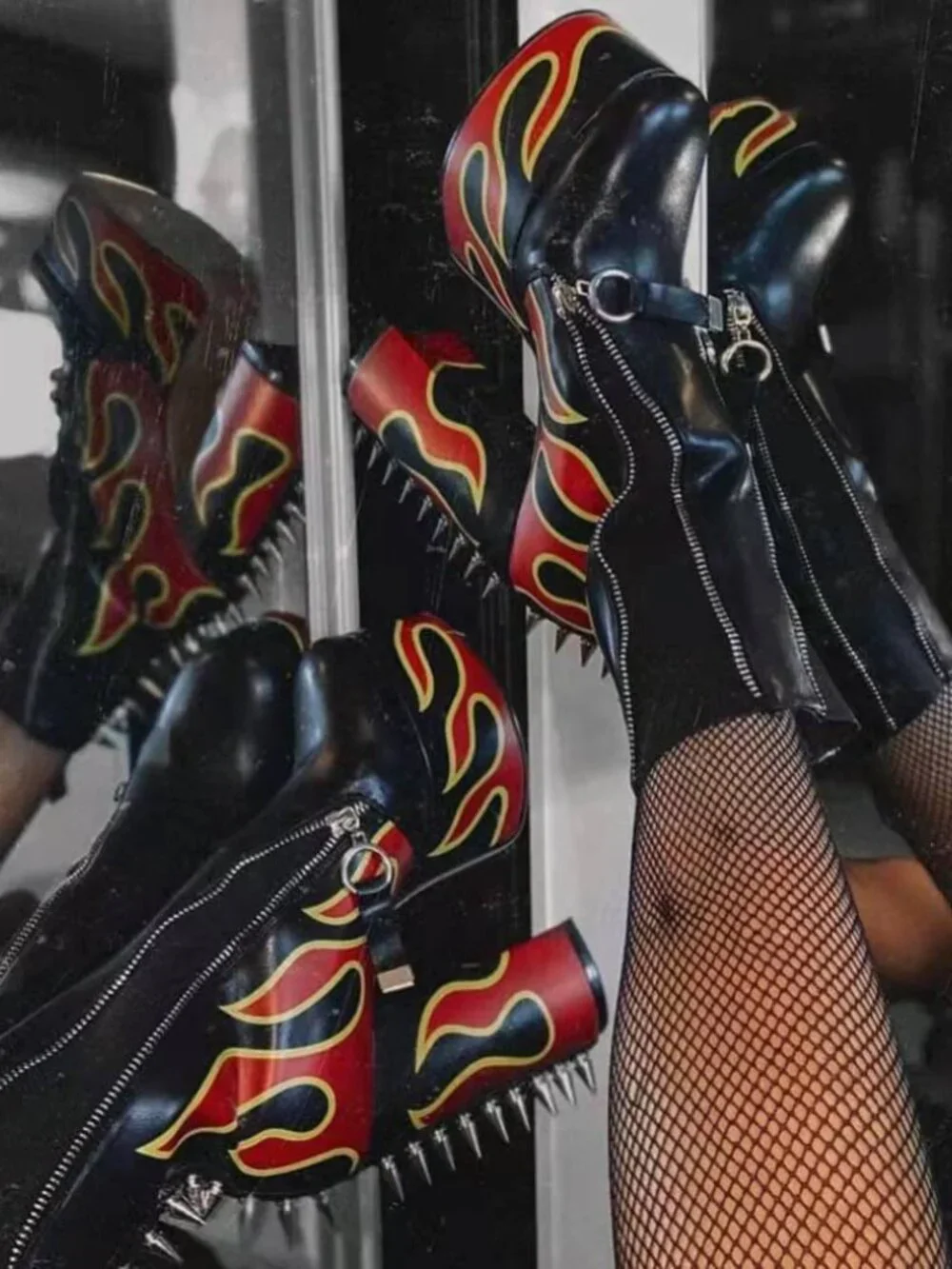 Faux Leather High Heel Ankle Boots with Metal Zipper and Rivets